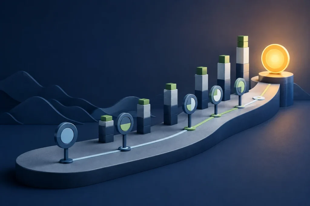 Retirement savings milestone path with rising benchmark markers