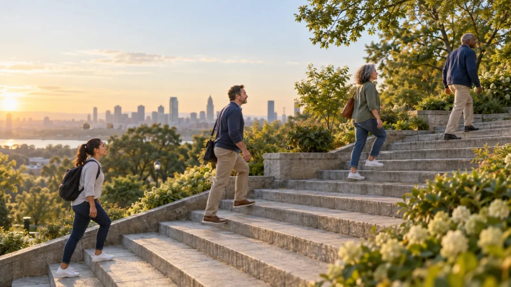 Four adults at different life stages walking upward on garden steps toward a city skyline