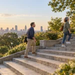 Four adults at different life stages walking upward on garden steps toward a city skyline