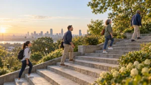 Four adults at different life stages walking upward on garden steps toward a city skyline
