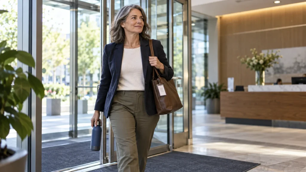 Mid-career woman returning to work through a bright office lobby