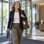 Mid-career woman returning to work through a bright office lobby