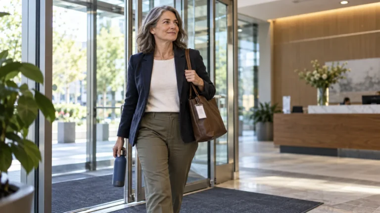 Mid-career woman returning to work through a bright office lobby