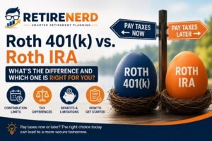 Two nest eggs labeled Roth 401(k) and Roth IRA under signs reading "Pay taxes now" and "Pay taxes later"