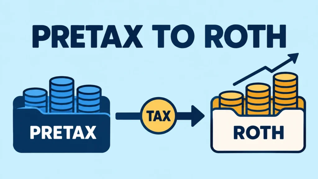 Pretax retirement savings moving through a tax checkpoint into a Roth account