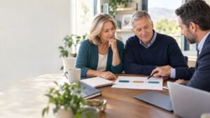 Retired couple reviewing a Roth conversion timeline with a financial professional