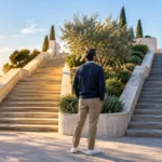 Professional considering two parallel stairways that reach the same upper terrace