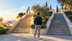 Professional considering two parallel stairways that reach the same upper terrace
