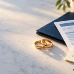 Two wedding rings beside a benefits folder and checklist representing Social Security decisions after a spouse dies