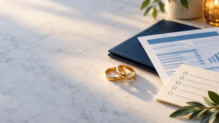 Two wedding rings beside a benefits folder and checklist representing Social Security decisions after a spouse dies