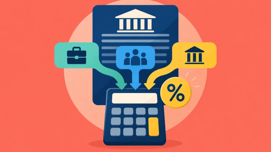 Centered colorful illustration of a Social Security benefit statement and calculator receiving three income inputs