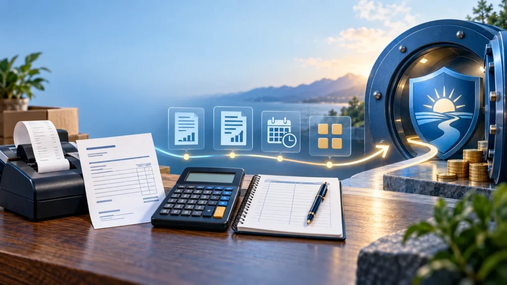 Business receipts, calculator and tax ledger leading toward a secure retirement vault