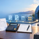 Business receipts, calculator and tax ledger leading toward a secure retirement vault