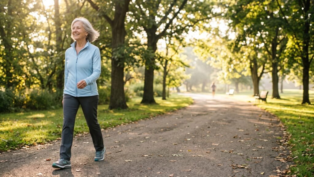 Smiling older woman with silver hair walking on a tree-lined park path in warm morning sunlight