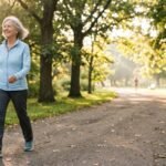 Smiling older woman with silver hair walking on a tree-lined park path in warm morning sunlight