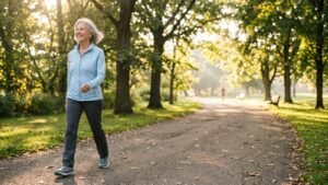 Smiling older woman with silver hair walking on a tree-lined park path in warm morning sunlight