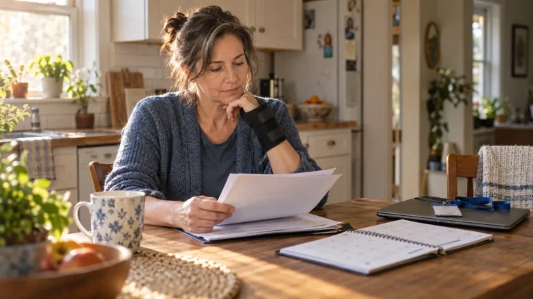 Mid-career woman wearing a wrist brace reviewing medical-leave paperwork at her kitchen table