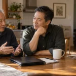 An older father and his adult son have a calm conversation at the kitchen table.