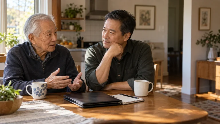 An older father and his adult son have a calm conversation at the kitchen table.