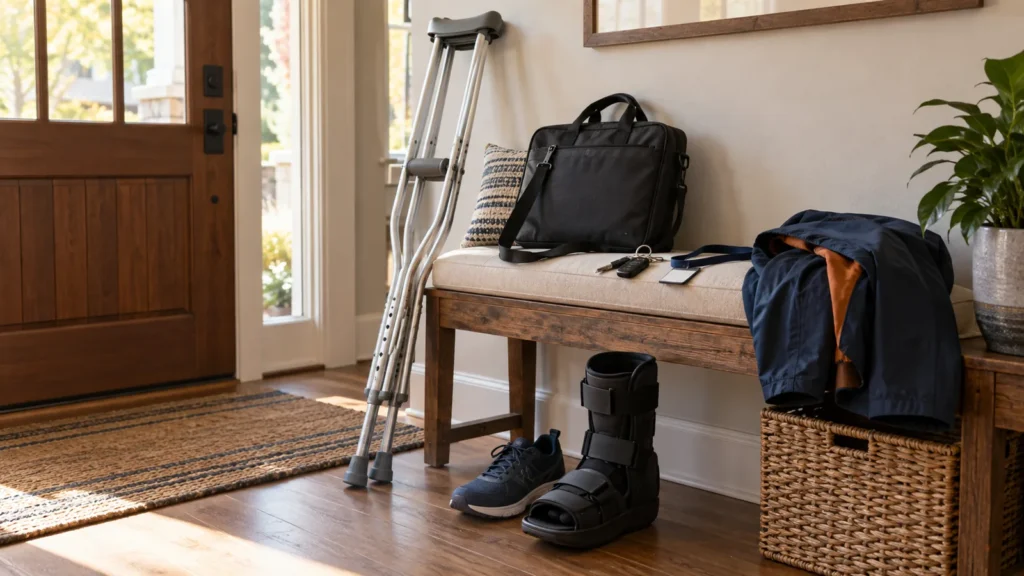 Crutches and a medical walking boot beside a packed work bag in a home entryway