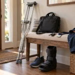 Crutches and a medical walking boot beside a packed work bag in a home entryway