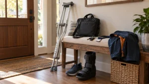 Crutches and a medical walking boot beside a packed work bag in a home entryway