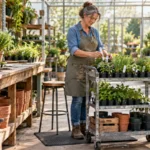Mid-career nursery employee arranging plants at an adjusted-height work station