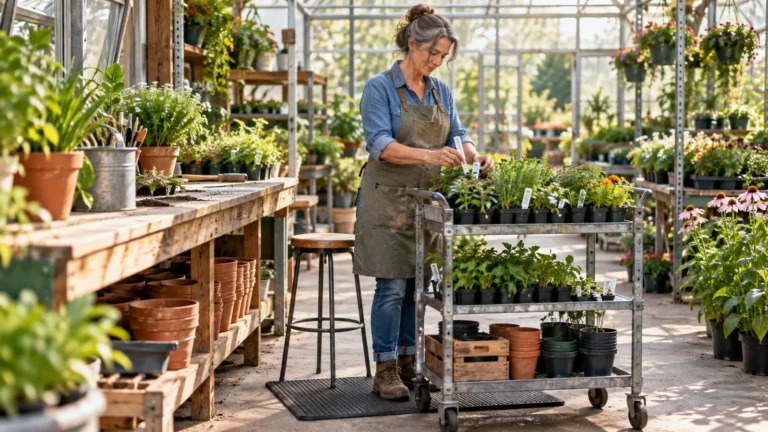 Mid-career nursery employee arranging plants at an adjusted-height work station