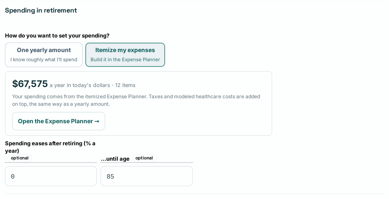 Compass Retirement details: choose One yearly amount or Itemize my expenses