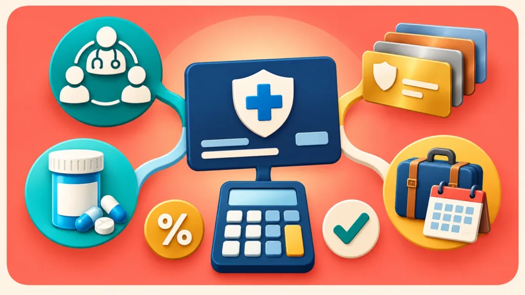Illustrated ACA health plan, calculator, doctor network, prescriptions and plan choices for coverage before Medicare.