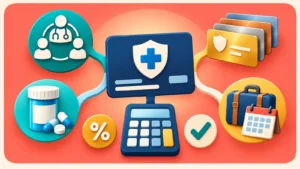Illustrated ACA health plan, calculator, doctor network, prescriptions and plan choices for coverage before Medicare.