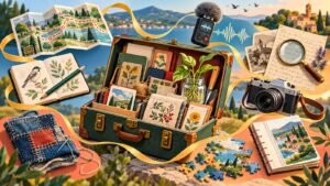 An open hobby case surrounded by a map, field notebook, repaired fabric, plant cutting, recorder, camera, historical letters and a handmade book.