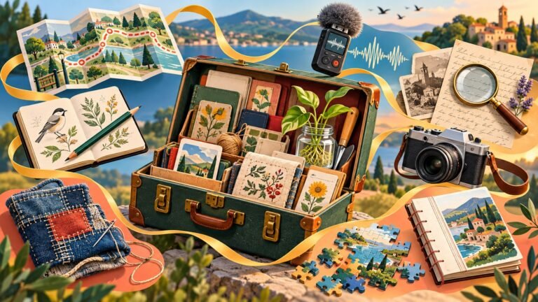 An open hobby case surrounded by a map, field notebook, repaired fabric, plant cutting, recorder, camera, historical letters and a handmade book.