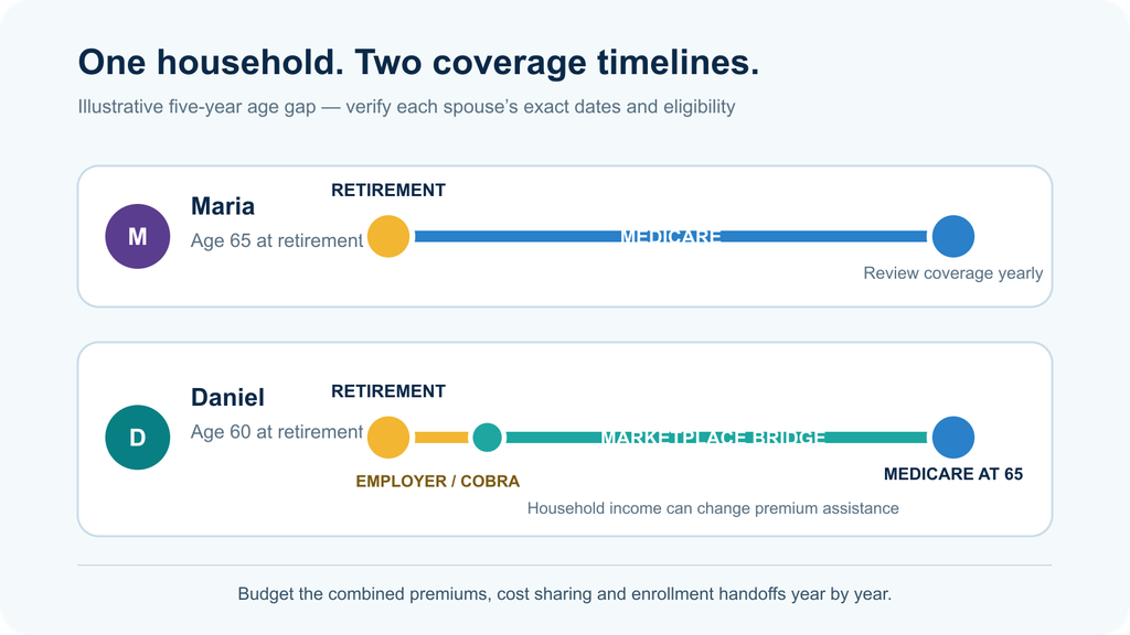Timeline showing an older spouse entering Medicare at age 65 while a younger spouse uses pre-Medicare coverage until reaching age 65 five years later.