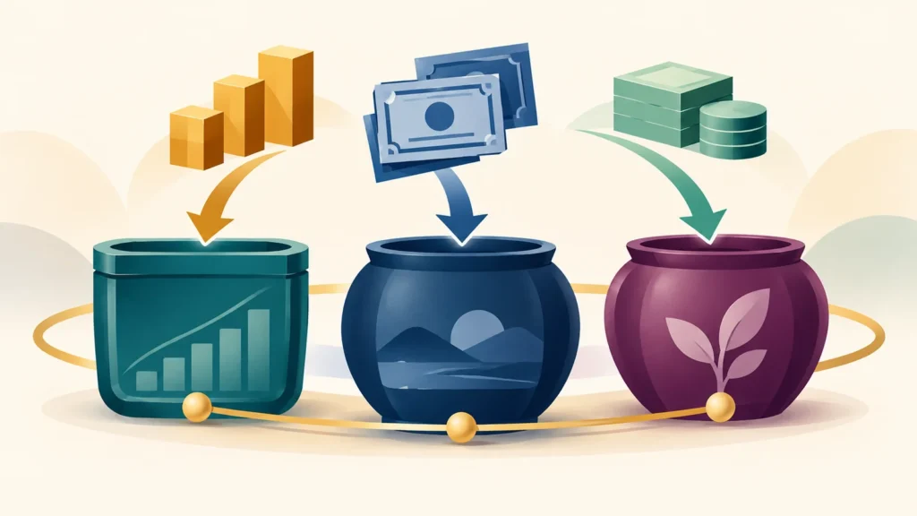 Stock, bond and cash symbols flow into three coordinated investment-account containers.