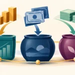 Stock, bond and cash symbols flow into three coordinated investment-account containers.