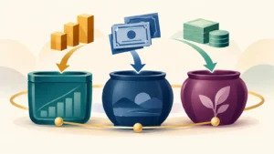 Stock, bond and cash symbols flow into three coordinated investment-account containers.
