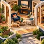 An older couple enjoys separate gardening and music activities in personal spaces connected to a shared living room.