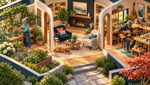 An older couple enjoys separate gardening and music activities in personal spaces connected to a shared living room.