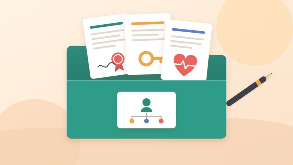 An open green folder holding a will with a ribbon seal, a power of attorney with a key, a health care directive with a heart, and a beneficiary card.