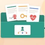 An open green folder holding a will with a ribbon seal, a power of attorney with a key, a health care directive with a heart, and a beneficiary card.
