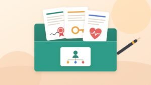 An open green folder holding a will with a ribbon seal, a power of attorney with a key, a health care directive with a heart, and a beneficiary card.