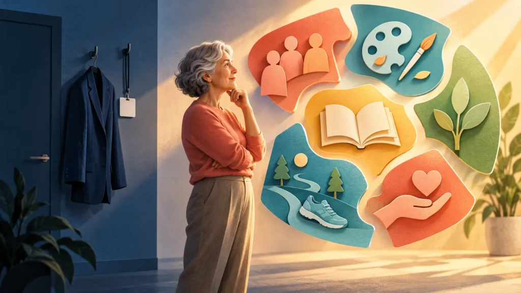A retired woman looks toward colorful symbols of friendship, creativity, learning, nature and service while her former work jacket hangs in shadow.