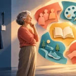 A retired woman looks toward colorful symbols of friendship, creativity, learning, nature and service while her former work jacket hangs in shadow.