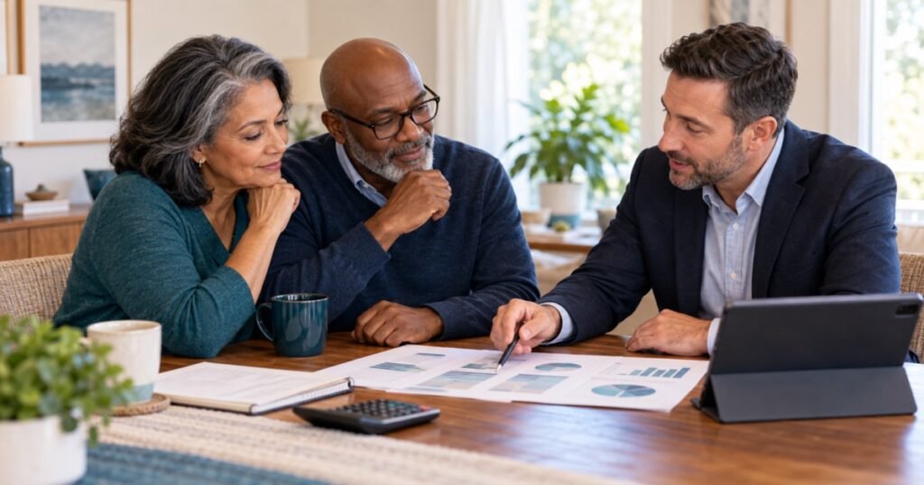 Retired couple comparing financial advisor fee options at a table