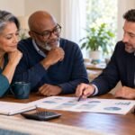Retired couple comparing financial advisor fee options at a table