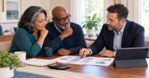 Retired couple comparing financial advisor fee options at a table