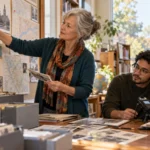 A retired woman organizes neighborhood photographs for an oral-history project with two younger collaborators.