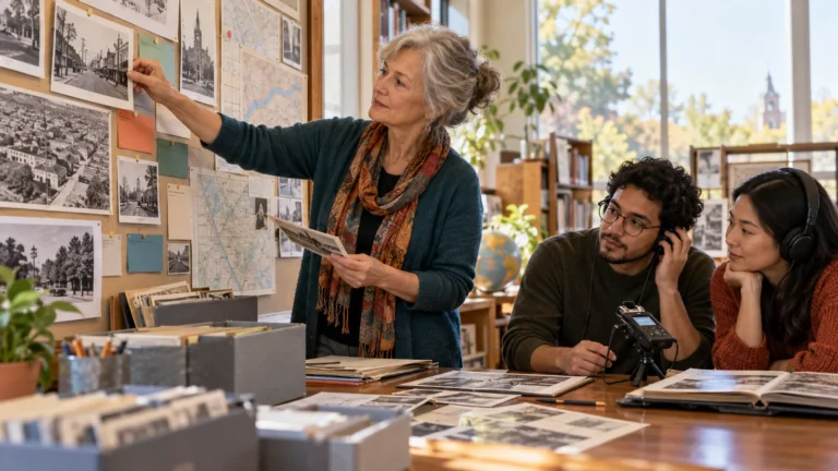 A retired woman organizes neighborhood photographs for an oral-history project with two younger collaborators.