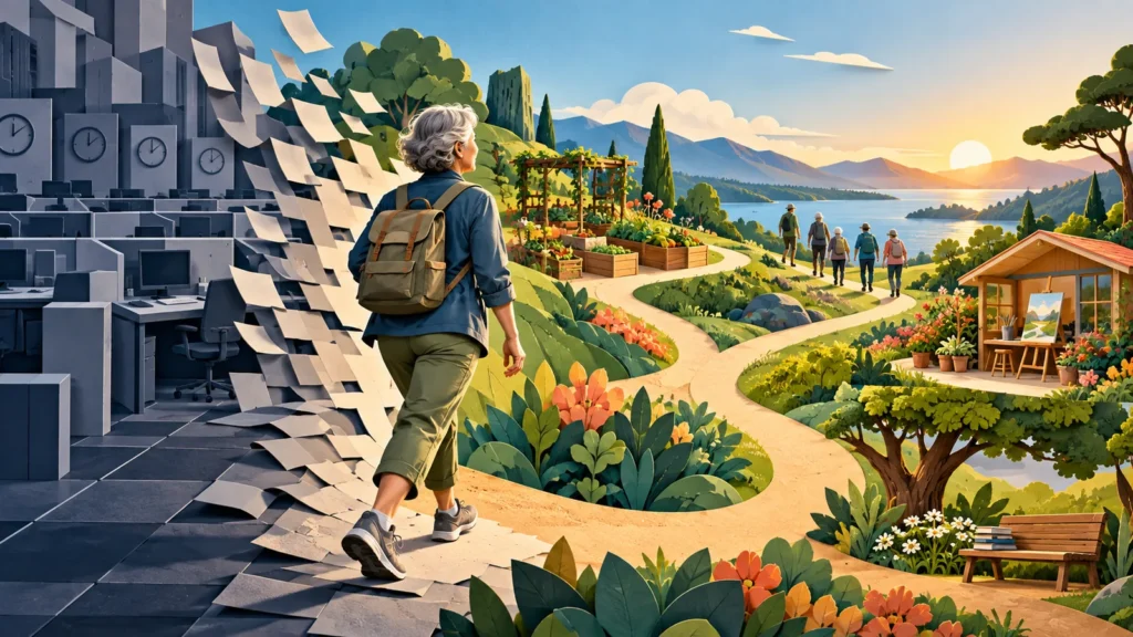An older adult leaves a gray office landscape and follows branching paths toward community, creativity and nature.